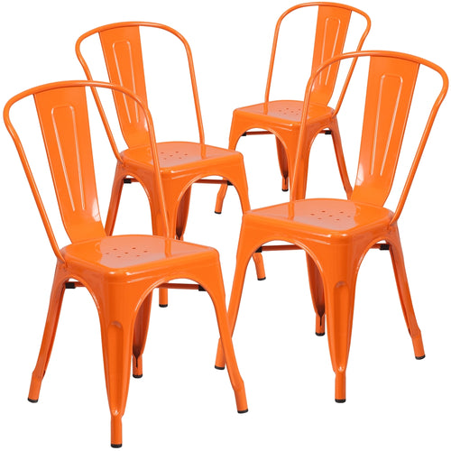 4 Pk. Orange Metal Indoor-Outdoor Stackable Chair - Flash Furniture