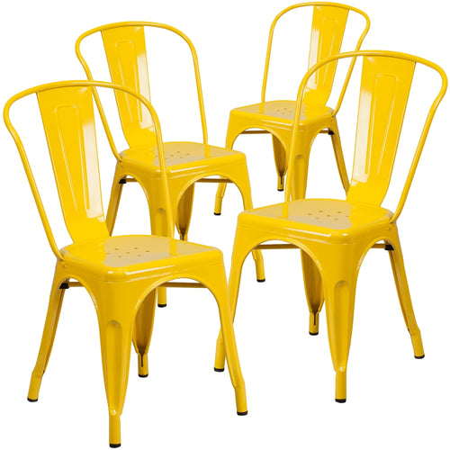 4 Pk. Yellow Metal Indoor-Outdoor Stackable Chair - Flash Furniture