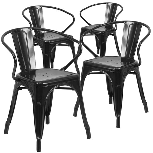 4 Pk. Black Metal Indoor-Outdoor Chair with Arms - Flash Furniture