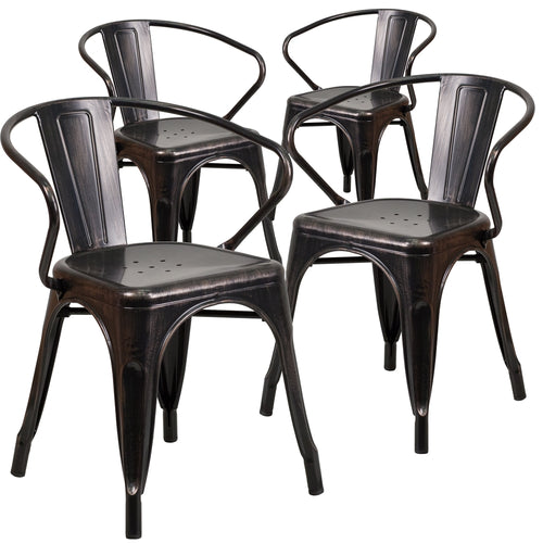 4 Pk. Black-Antique Gold Metal Indoor-Outdoor Chair with Arms - Flash Furniture