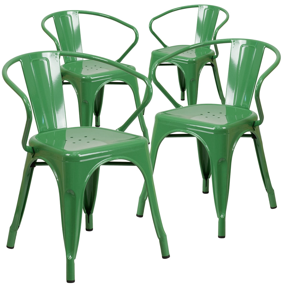 4 Pk. Green Metal Indoor-Outdoor Chair with Arms - Flash Furniture
