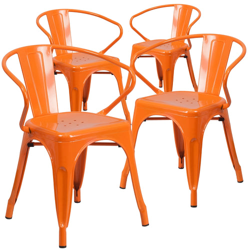 4 Pk. Orange Metal Indoor-Outdoor Chair with Arms - Flash Furniture