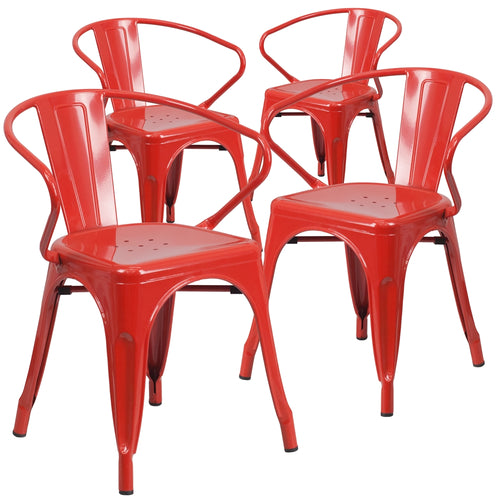 4 Pk. Red Metal Indoor-Outdoor Chair with Arms - Flash Furniture