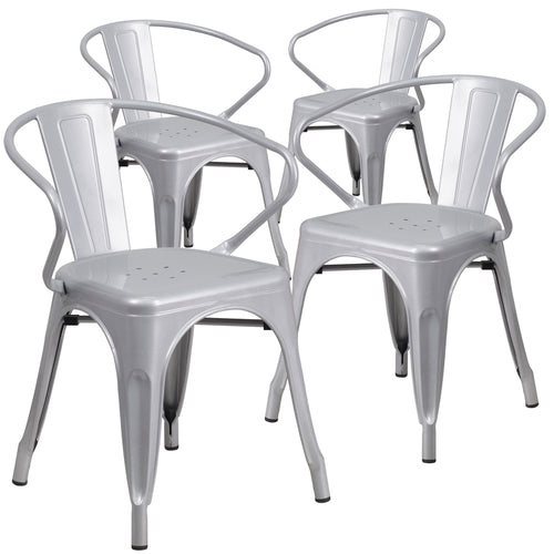 4 Pk. Silver Metal Indoor-Outdoor Chair with Arms - Flash Furniture