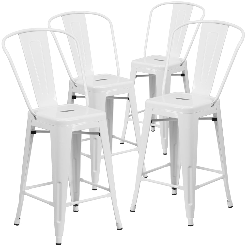 4 Pk. 24'' High White Metal Indoor-Outdoor Counter Height Stool with Back - Flash Furniture