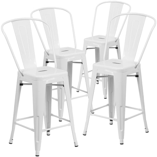 4 Pk. 24'' High White Metal Indoor-Outdoor Counter Height Stool with Back - Flash Furniture