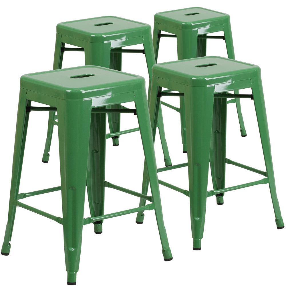 4 Pk. 24'' High Backless Green Metal Indoor-Outdoor Counter Height Stool with Square Seat - Flash Furniture