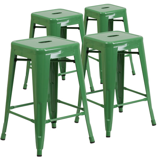 4 Pk. 24'' High Backless Green Metal Indoor-Outdoor Counter Height Stool with Square Seat - Flash Furniture