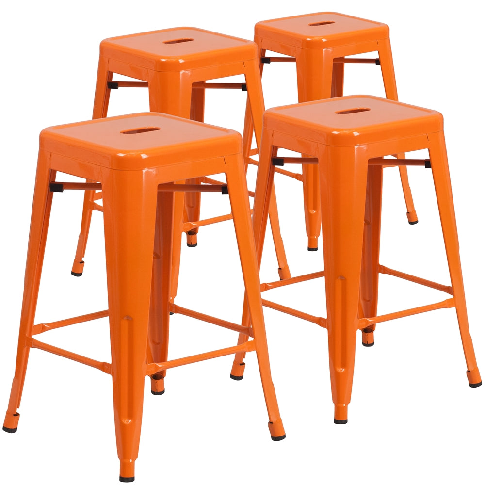 4 Pk. 24'' High Backless Orange Metal Indoor-Outdoor Counter Height Stool with Square Seat - Flash Furniture