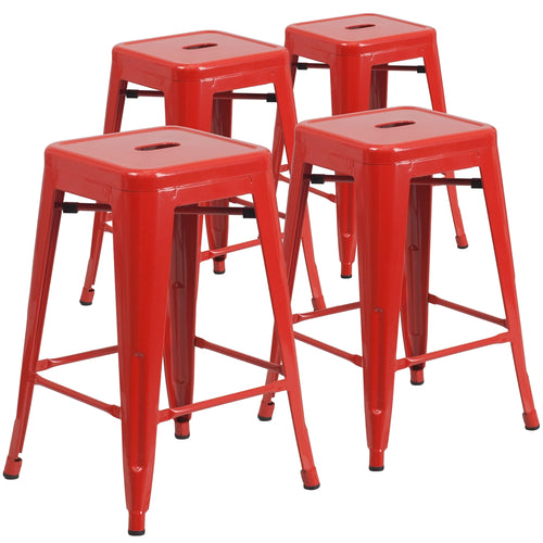 4 Pk. 24'' High Backless Red Metal Indoor-Outdoor Counter Height Stool with Square Seat - Flash Furniture