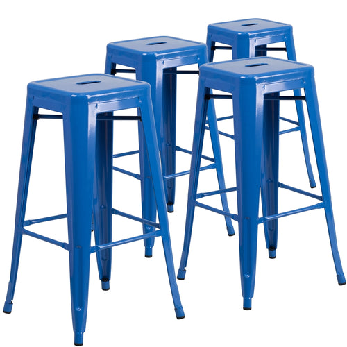 4 Pk. 30'' High Backless Blue Metal Indoor-Outdoor Barstool with Square Seat - Flash Furniture