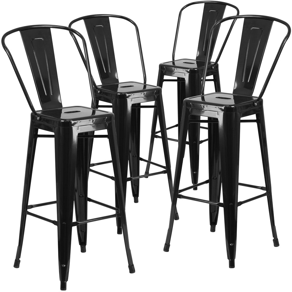 4 Pk. 30'' High Black Metal Indoor-Outdoor Barstool with Back - Flash Furniture