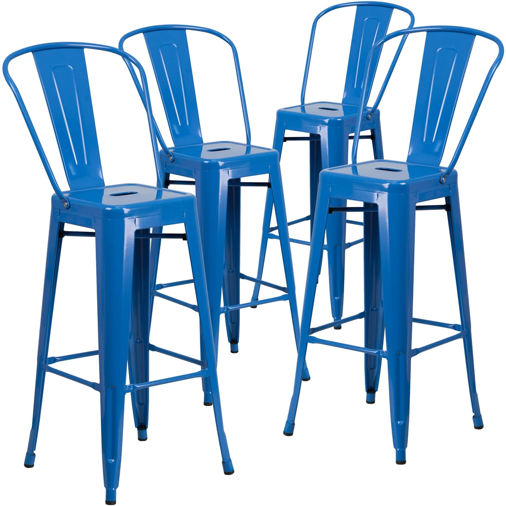 4 Pk. 30'' High Blue Metal Indoor-Outdoor Barstool with Back - Flash Furniture