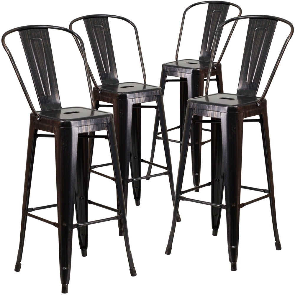 4 Pk. 30'' High Black-Antique Gold Metal Indoor-Outdoor Barstool with Back - Flash Furniture