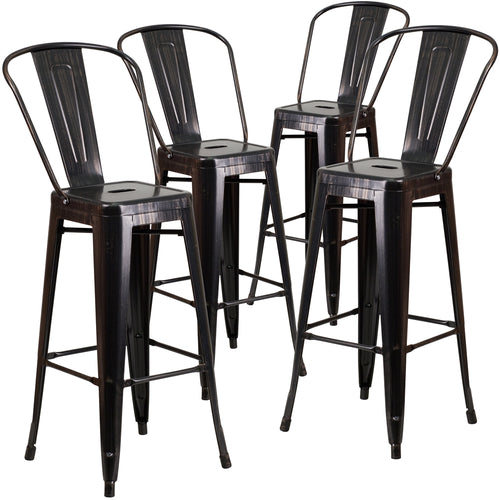 4 Pk. 30'' High Black-Antique Gold Metal Indoor-Outdoor Barstool with Back - Flash Furniture