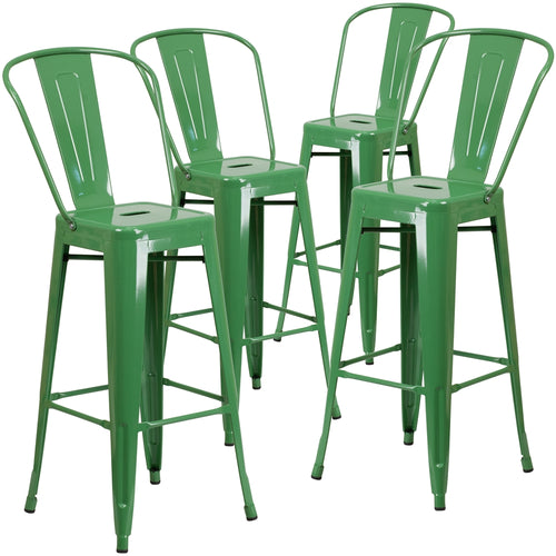 4 Pk. 30'' High Green Metal Indoor-Outdoor Barstool with Back - Flash Furniture