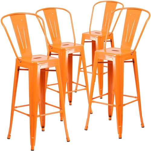 4 Pk. 30'' High Orange Metal Indoor-Outdoor Barstool with Back - Flash Furniture
