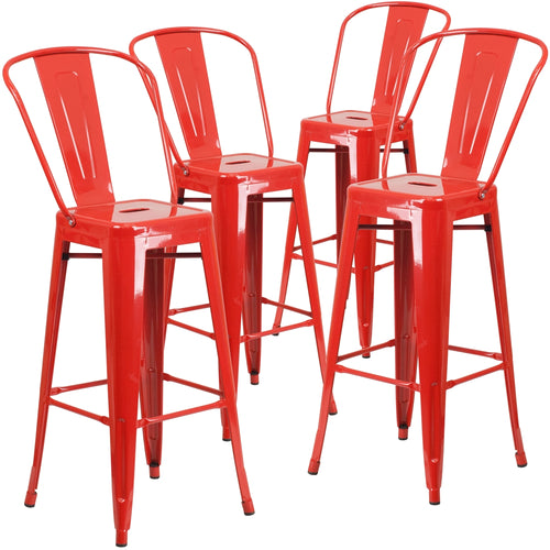 4 Pk. 30'' High Red Metal Indoor-Outdoor Barstool with Back - Flash Furniture