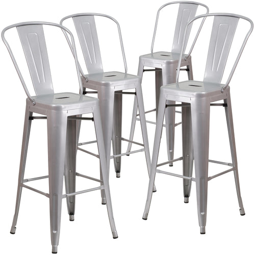 4 Pk. 30'' High Silver Metal Indoor-Outdoor Barstool with Back - Flash Furniture
