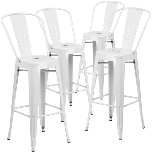 4 Pk. 30'' High White Metal Indoor-Outdoor Barstool with Back - Flash Furniture