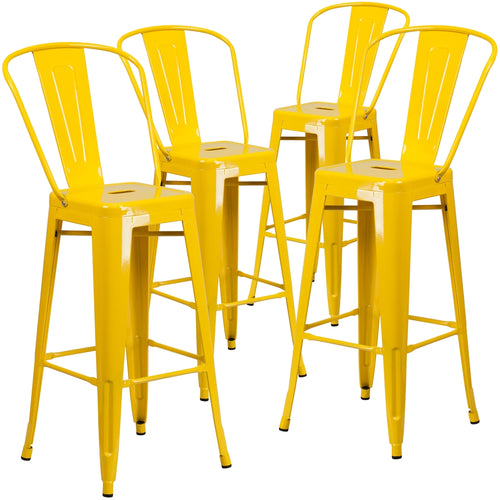 4 Pk. 30'' High Yellow Metal Indoor-Outdoor Barstool with Back - Flash Furniture