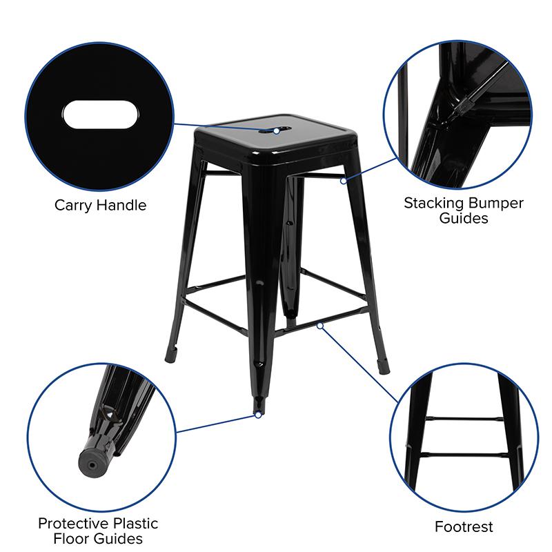 24'' High Metal Counter-Height, Indoor Bar Stool in Black - Stackable Set of 4 - Flash Furniture