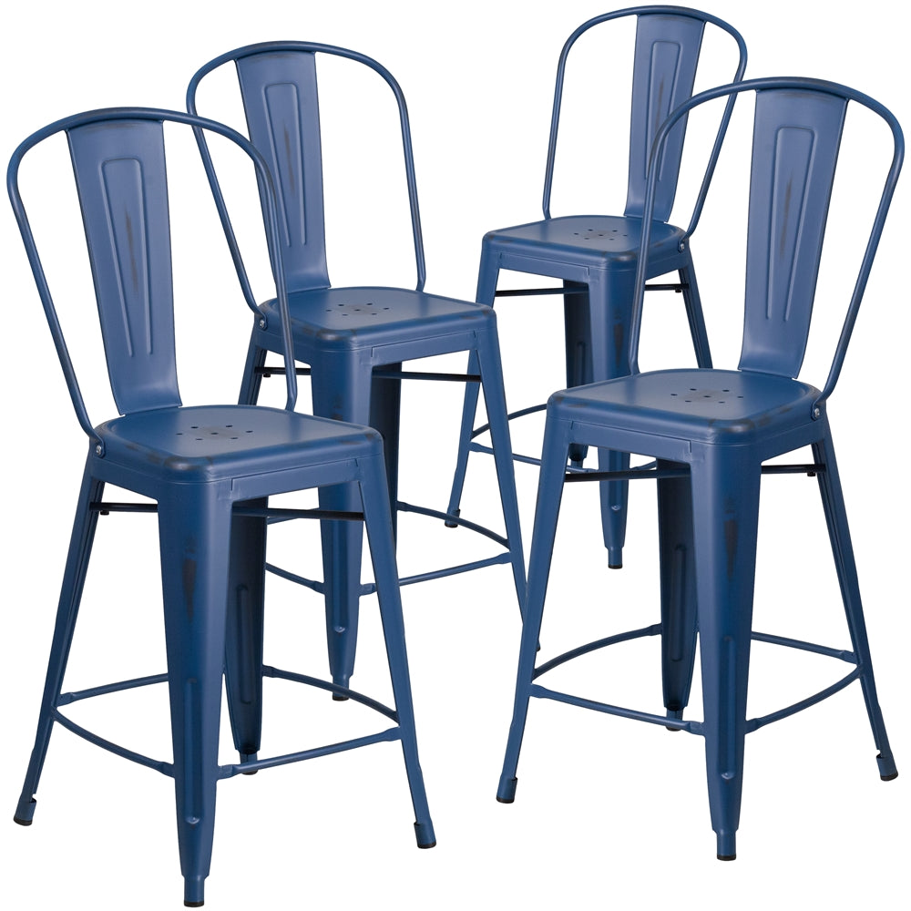 4 Pk. 24'' High Distressed Antique Blue Metal Indoor-Outdoor Counter Height Stool with Back - Flash Furniture