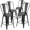 4 Pk. 24'' High Distressed Black Metal Indoor Counter Height Stool with Back - Flash Furniture