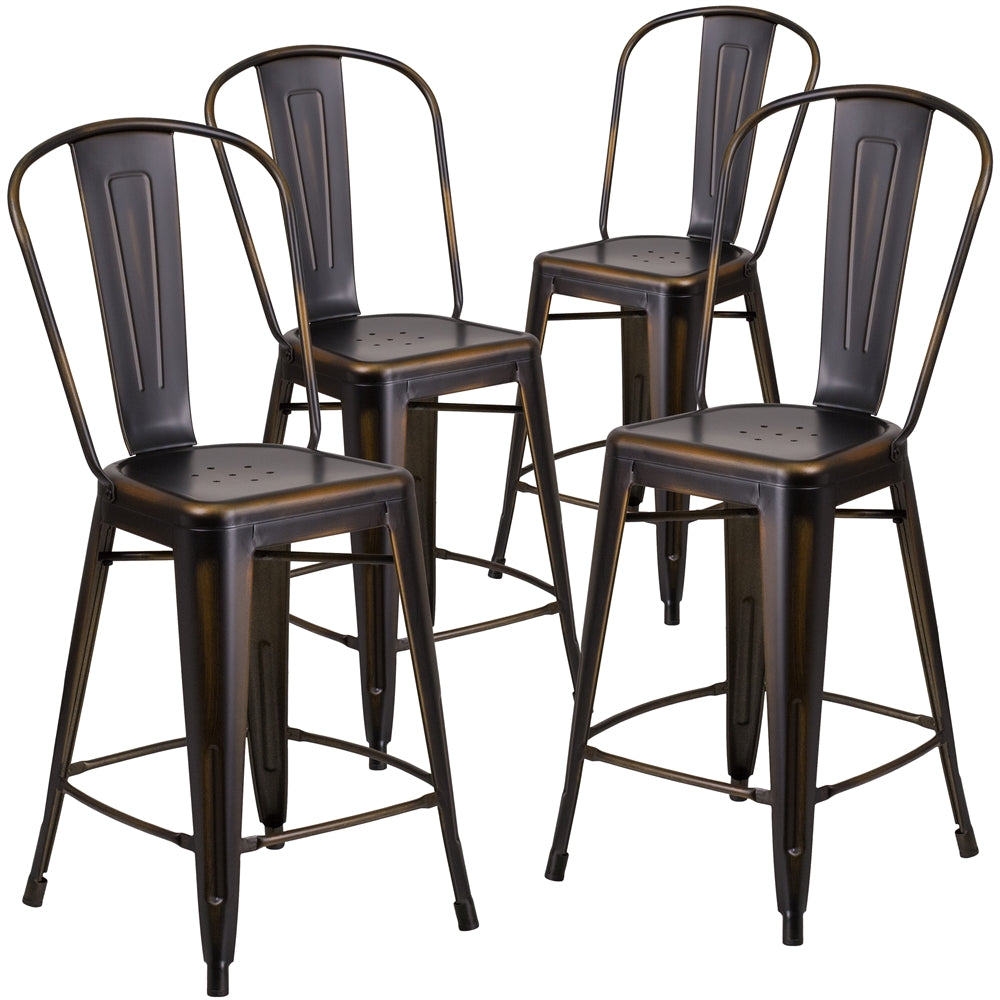 4 Pk. 24'' High Distressed Copper Metal Indoor Counter Height Stool with Back - Flash Furniture