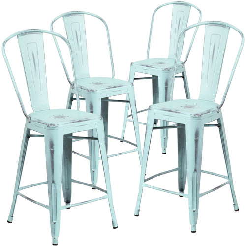 4 Pk. 24'' High Distressed Dream Blue Metal Indoor Counter Height Stool with Back - Flash Furniture