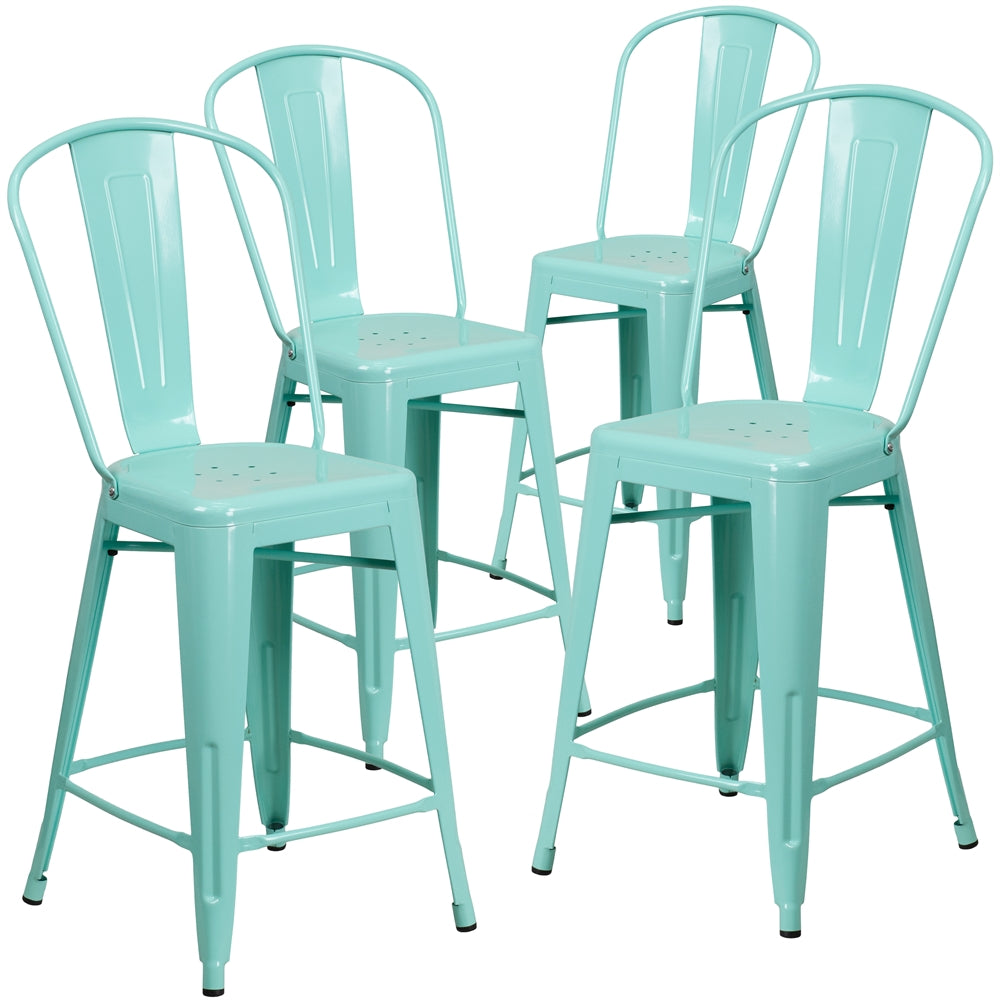4 Pk. 24'' High Mint Green Metal Indoor-Outdoor Counter Height Stool with Back - Flash Furniture