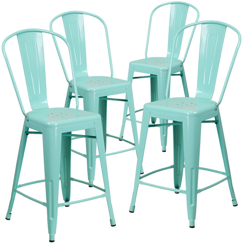 4 Pk. 24'' High Mint Green Metal Indoor-Outdoor Counter Height Stool with Back - Flash Furniture
