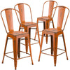 4 Pk. 24'' High Distressed Orange Metal Indoor Counter Height Stool with Back - Flash Furniture
