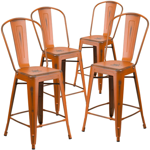 4 Pk. 24'' High Distressed Orange Metal Indoor Counter Height Stool with Back - Flash Furniture