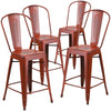 4 Pk. 24'' High Distressed Kelly Red Metal Indoor Counter Height Stool with Back - Flash Furniture