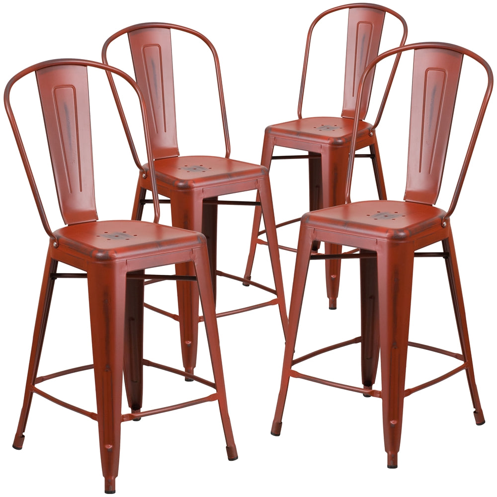4 Pk. 24'' High Distressed Kelly Red Metal Indoor Counter Height Stool with Back - Flash Furniture