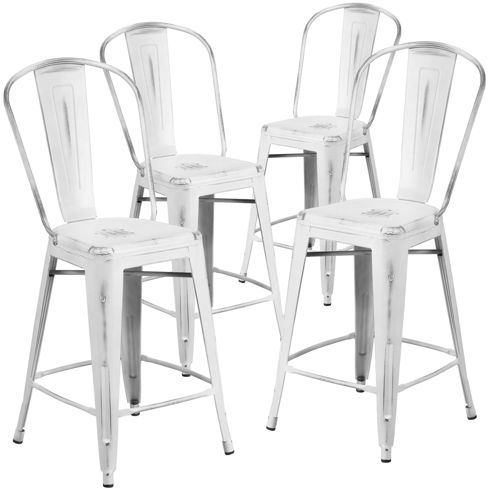 4 Pk. 24'' High Distressed White Metal Indoor Counter Height Stool with Back - Flash Furniture