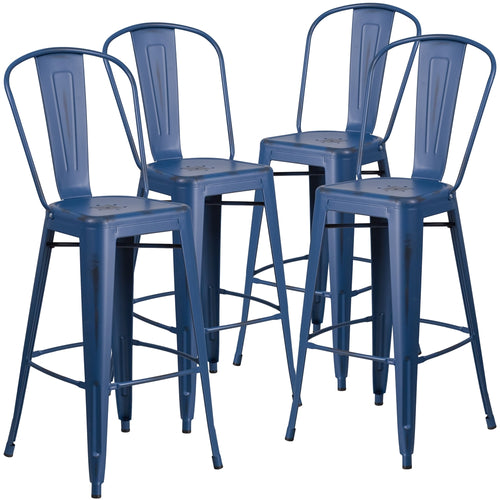 4 Pk. 30'' High Distressed Antique Blue Metal Indoor-Outdoor Barstool with Back - Flash Furniture