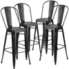 4 Pk. 30'' High Distressed Black Metal Indoor Barstool with Back - Flash Furniture