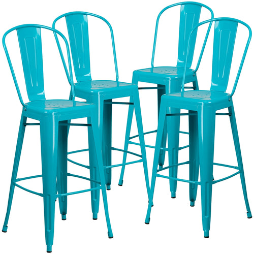 4 Pk. 30'' High Crystal Blue Metal Indoor-Outdoor Barstool with Back - Flash Furniture