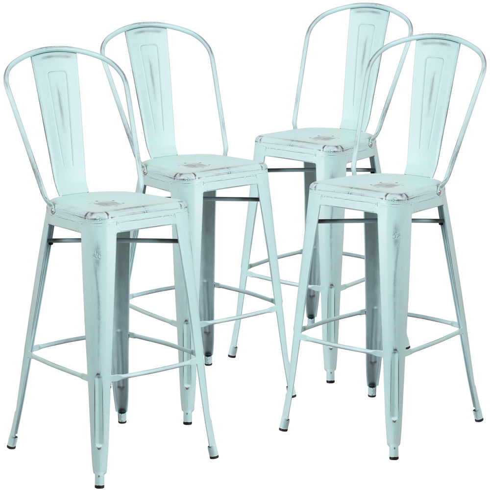 4 Pk. 30'' High Distressed Dream Blue Metal Indoor Barstool with Back - Flash Furniture