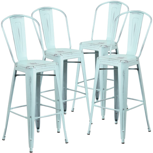 4 Pk. 30'' High Distressed Dream Blue Metal Indoor Barstool with Back - Flash Furniture