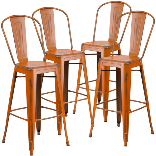 4 Pk. 30'' High Distressed Orange Metal Indoor Barstool with Back - Flash Furniture