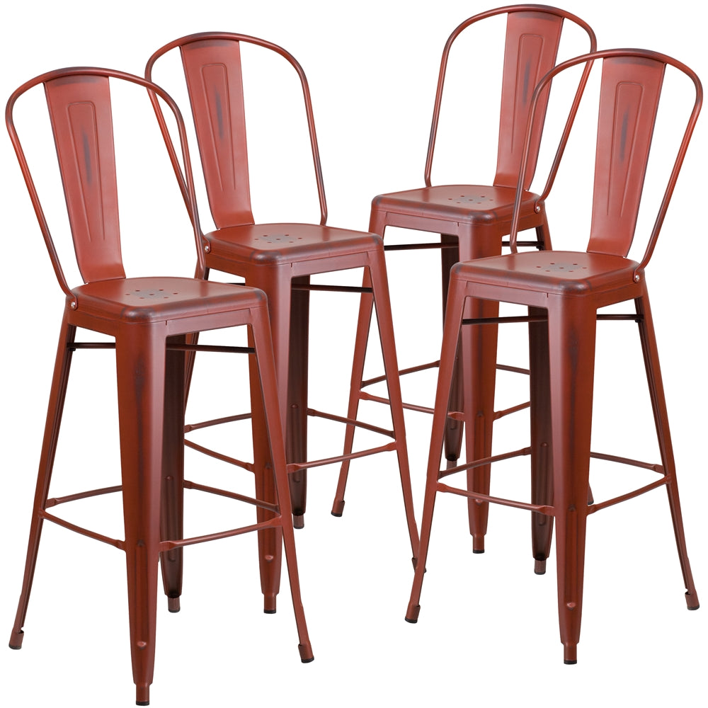 4 Pk. 30'' High Distressed Kelly Red Metal Indoor Barstool with Back - Flash Furniture