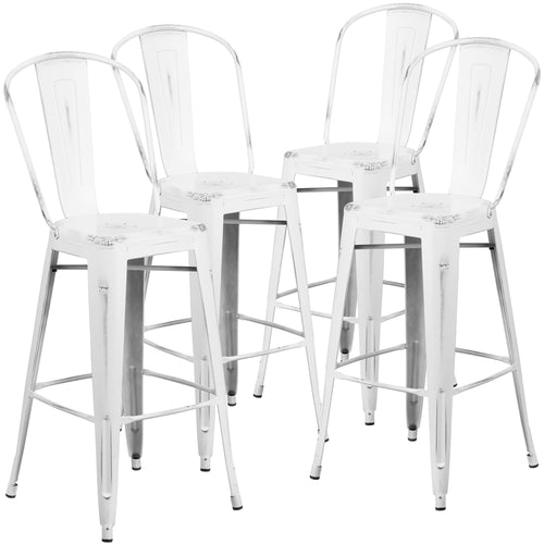 4 Pk. 30'' High Distressed White Metal Indoor Barstool with Back - Flash Furniture