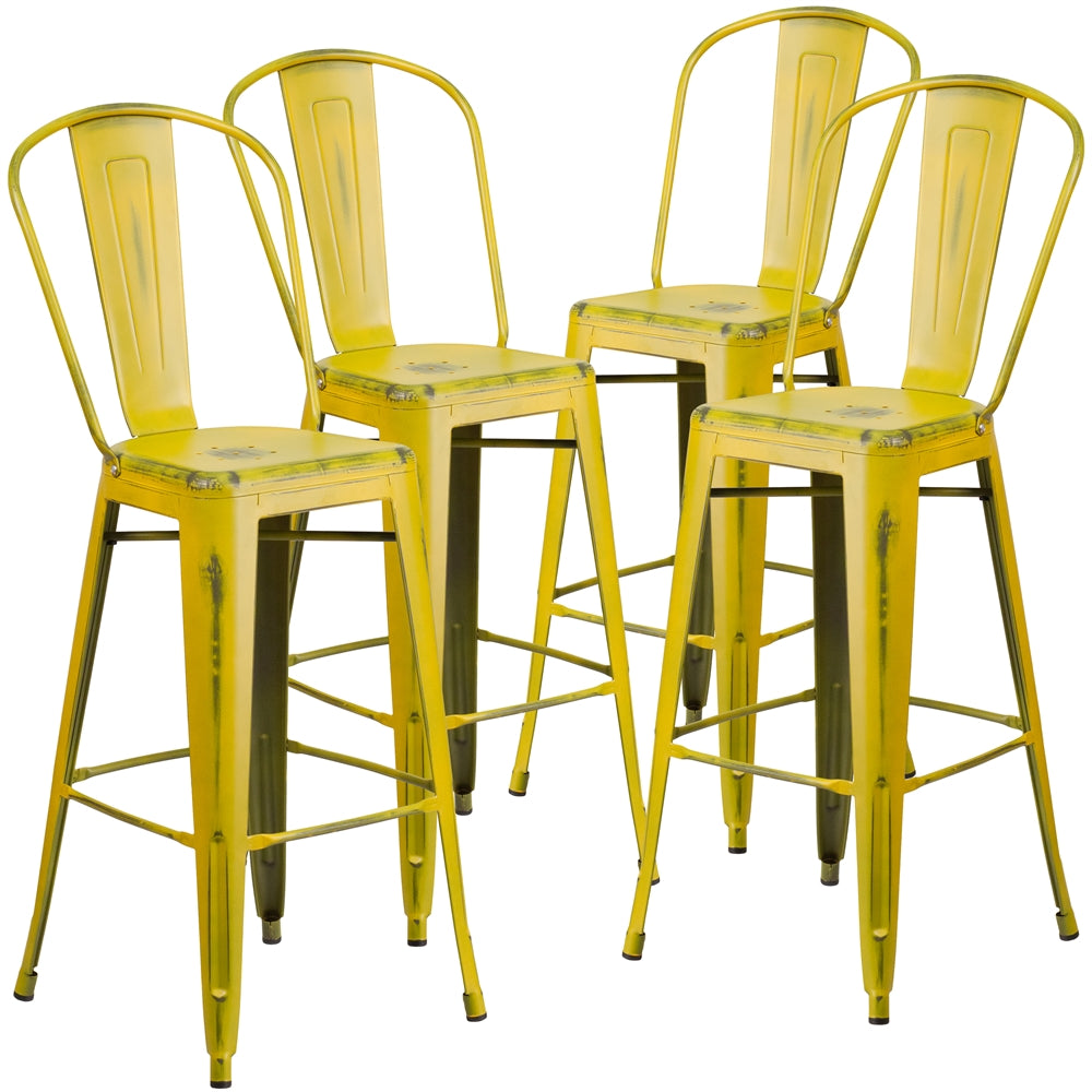 4 Pk. 30'' High Distressed Yellow Metal Indoor Barstool with Back - Flash Furniture