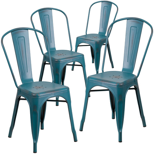 4 Pk. Distressed Kelly Blue Metal Indoor Stackable Chair - Flash Furniture