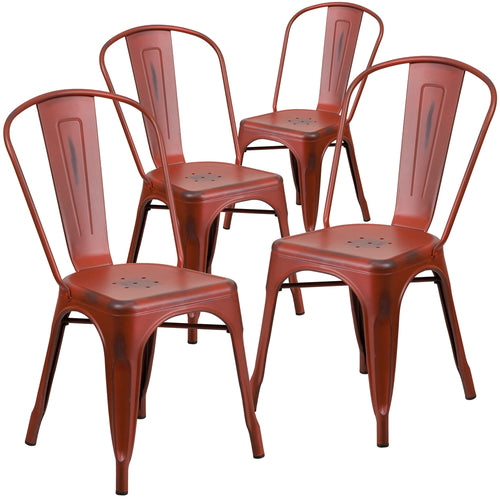 4 Pk. Distressed Kelly Red Metal Indoor Stackable Chair - Flash Furniture