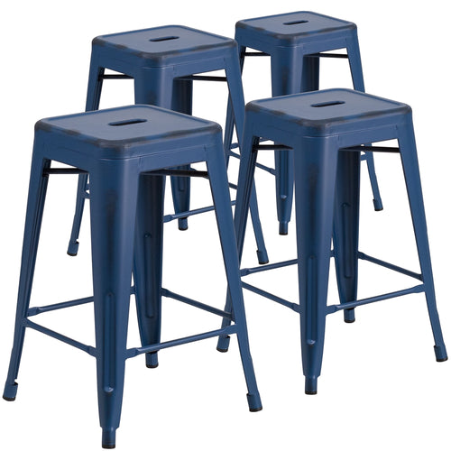 4 Pk. 24'' High Backless Distressed Antique Blue Metal Indoor-Outdoor Counter Height Stool - Flash Furniture