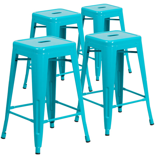 4 Pk. 24'' High Backless Crystal Blue Indoor-Outdoor Counter Height Stool - Flash Furniture